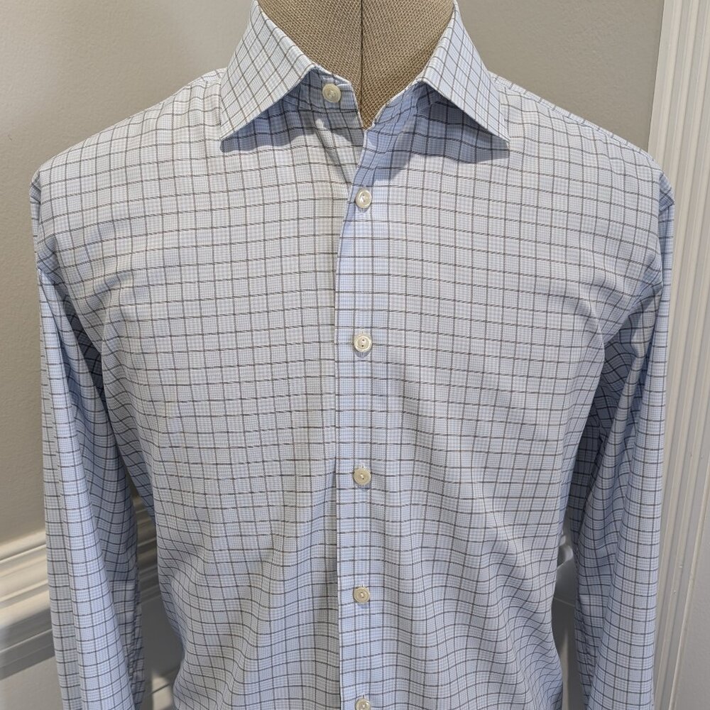 Eton Contemporary Men's Blue/White Check Button Up Long Sleeve Shirt Size 43-17